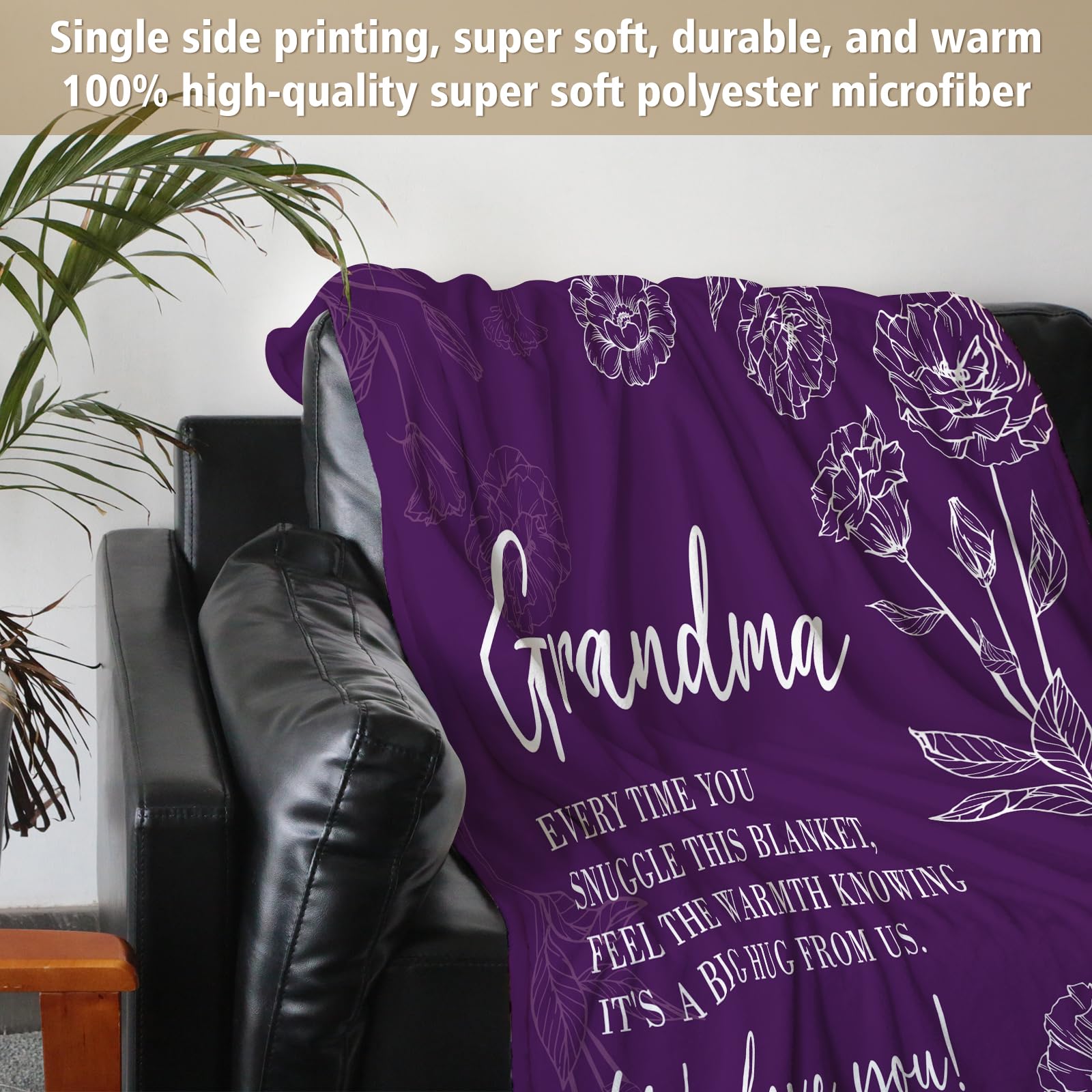 Blanket draped on sofa in purple complements living room decor.
