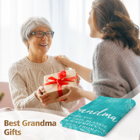 GiltGlimmer teal grandma blanket text detail highlights heartfelt message and cozy drape.