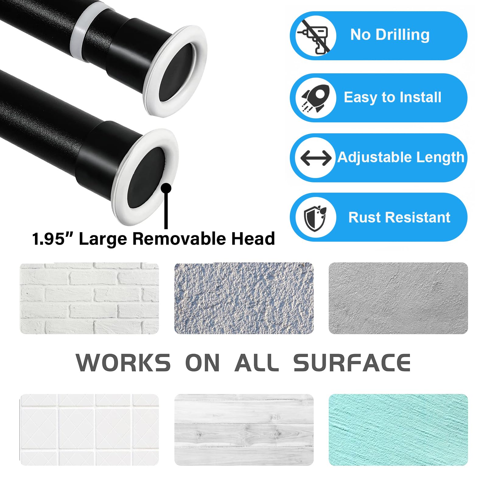 Ginbel Direct tension rod features rubber feet to protect walls during use.