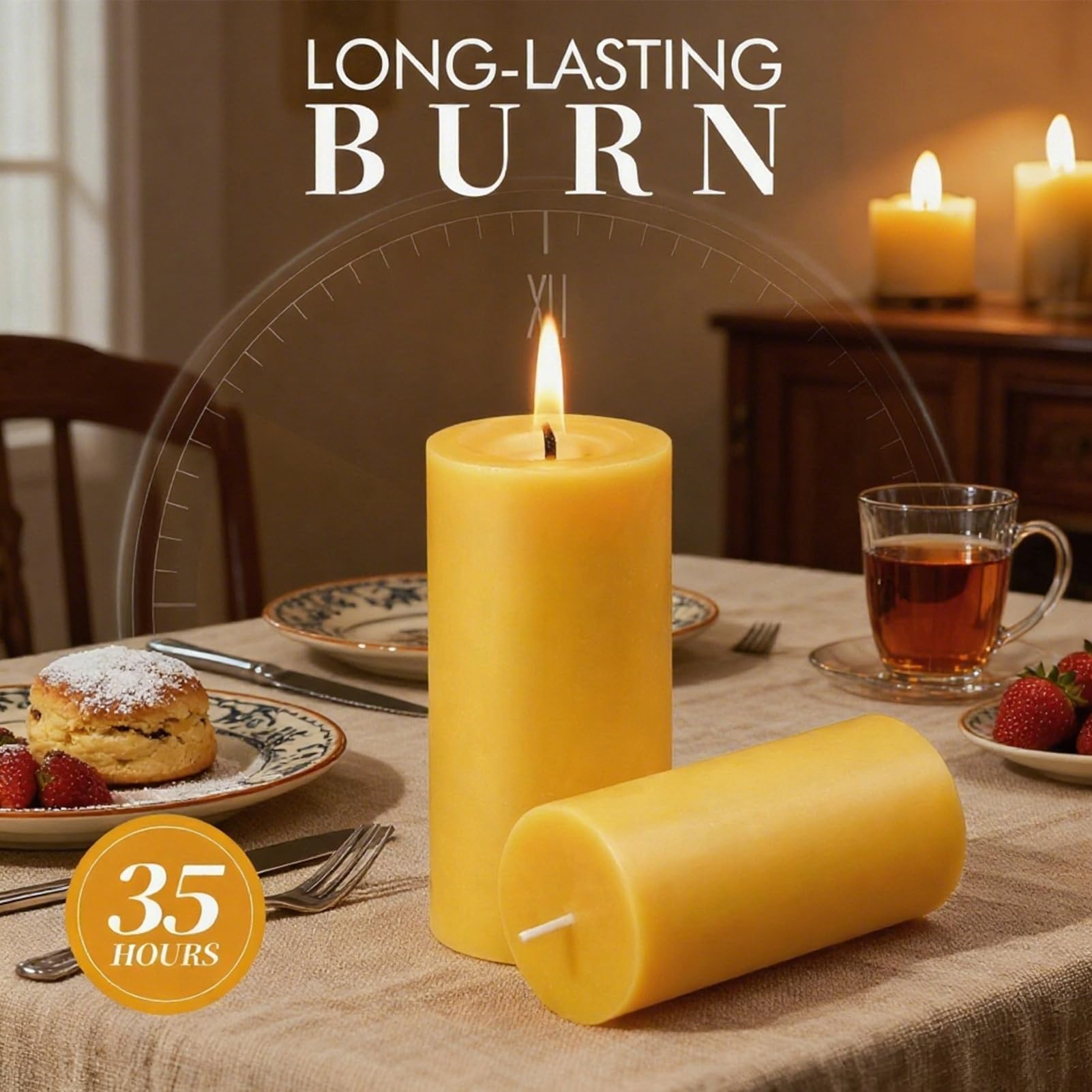 Ginitiri beeswax pillar 4-pack burn-time overview highlighting steady flame.