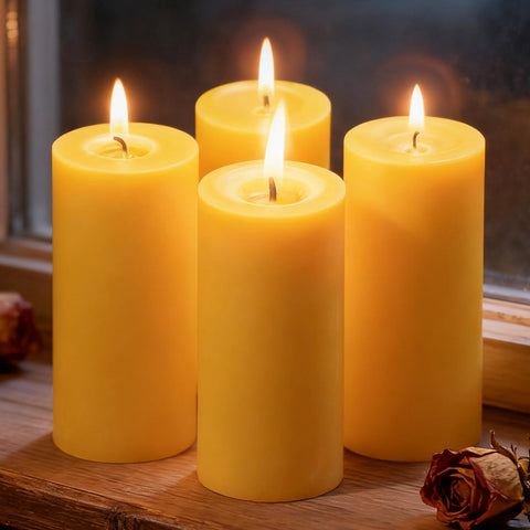 Ginitiri beeswax pillar 4-pack front view showing natural color and warm ambient glow.