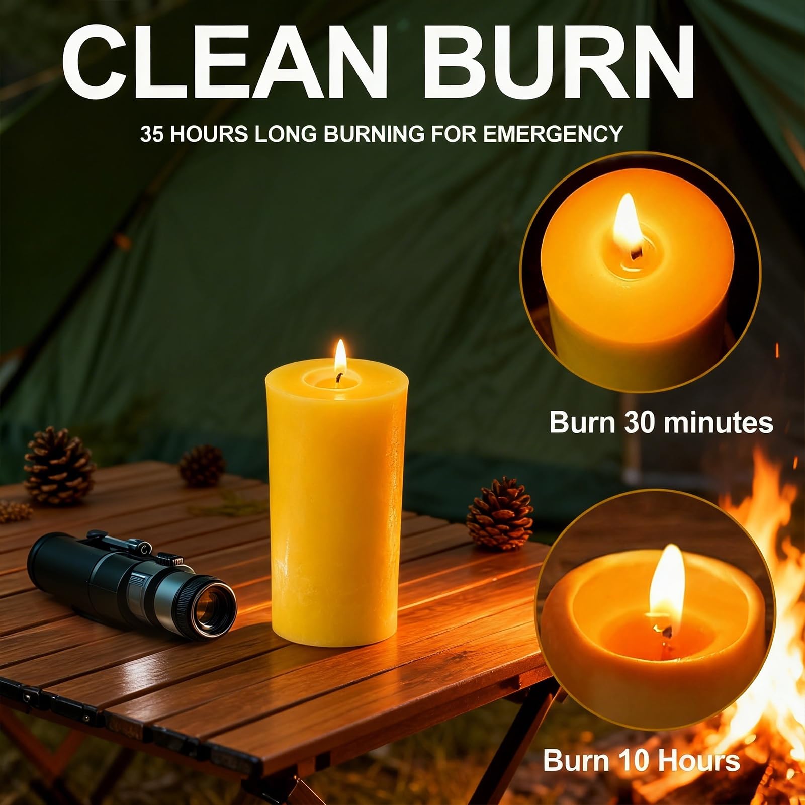 Ginitiri beeswax pillar 4-pack natural scent and honey-like wax color in lighting.