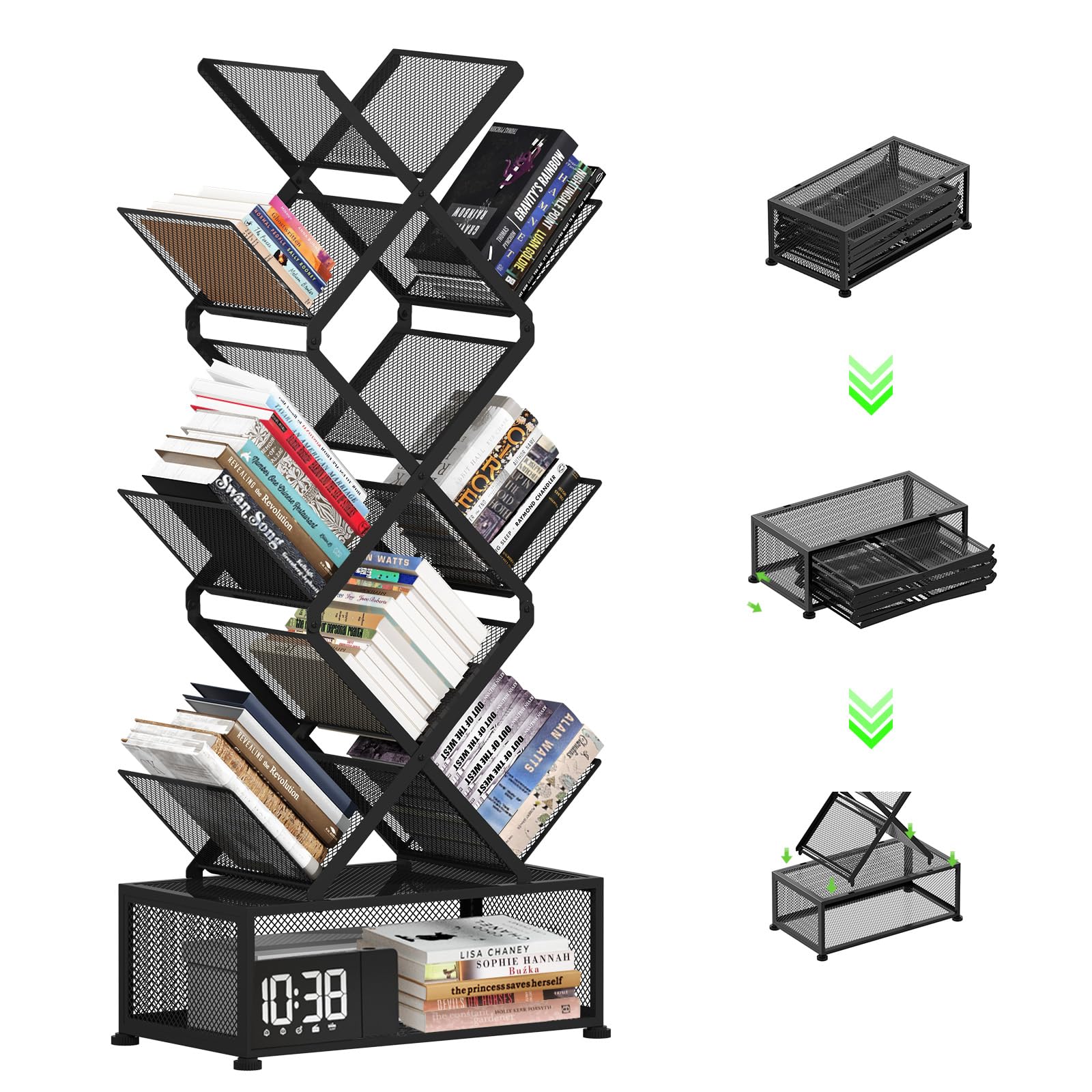 Gintan 9-tier folding space-saving book shelf displaying books and decor, black finish