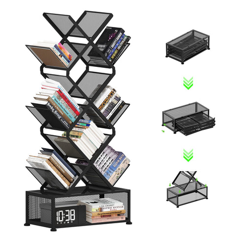 Gintan 9-tier folding space-saving book shelf displaying books and decor, black finish