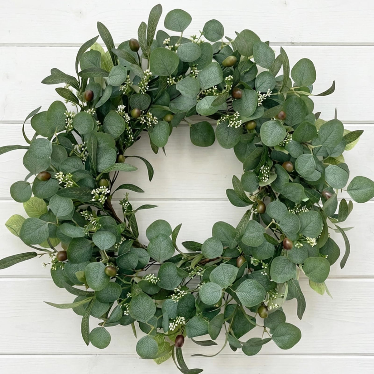GinzeTop 24-inch eucalyptus wreath on front door for instant curb appeal.