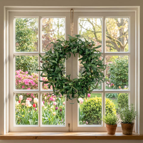 Wreath designed for indoor and outdoor use with UV-resistant base.