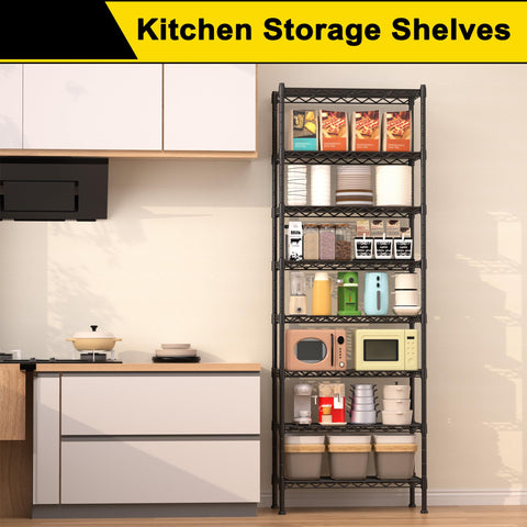 GIOTORENT metal shelving demonstrates sturdy, garage-ready storage with strong load support.