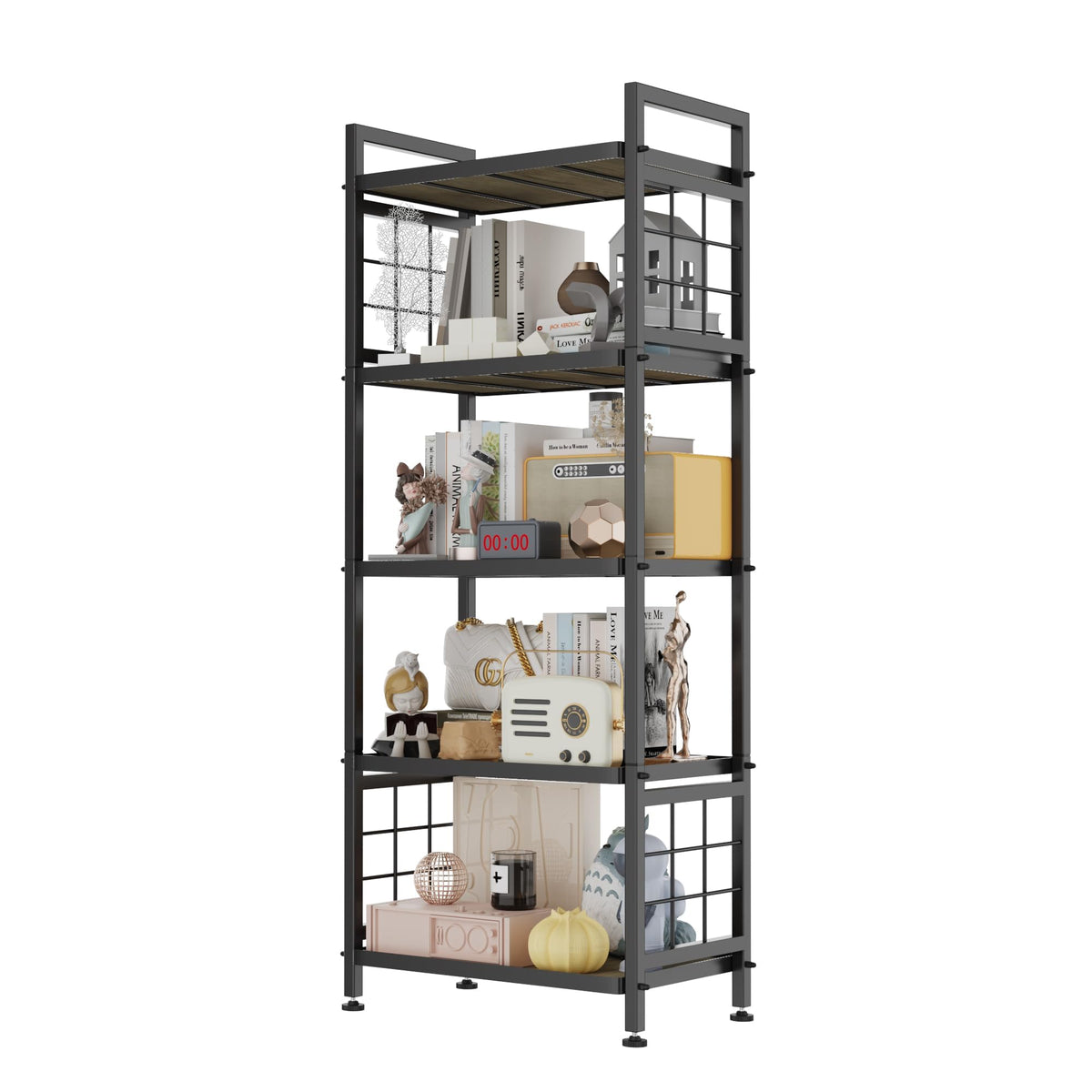 GIOTORENT 5-Tier shelf with wooden boards shows sturdy load support for pantry items.