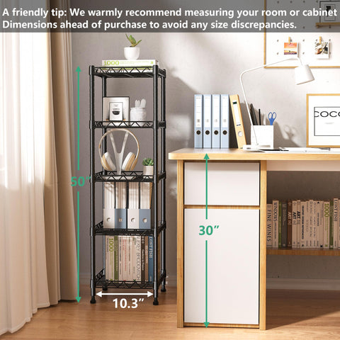 GIOTORENT 5-tier shelving black height 50 inches enables tall storage.