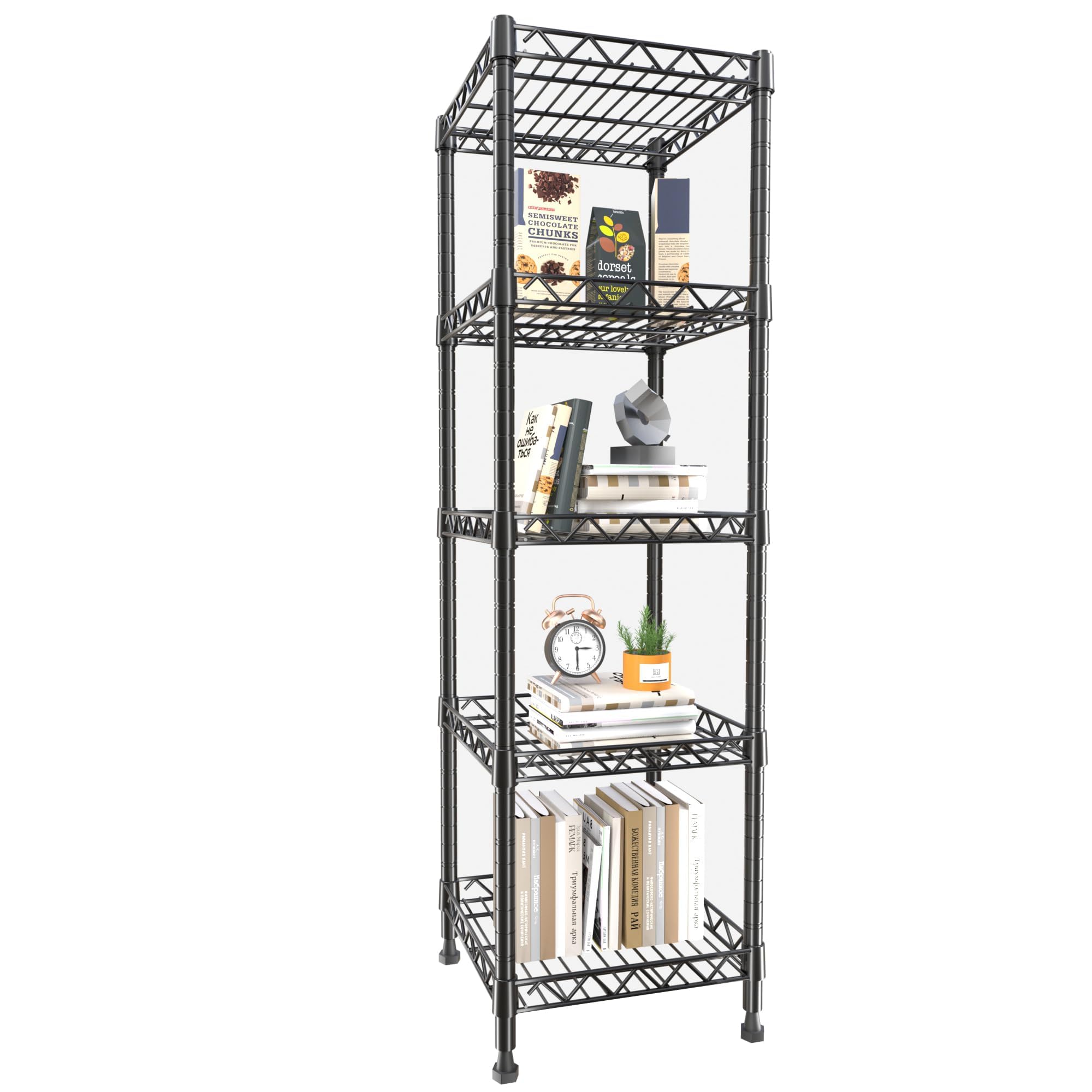 GIOTORENT 5-tier shelving black front view showing compact footprint for small spaces.