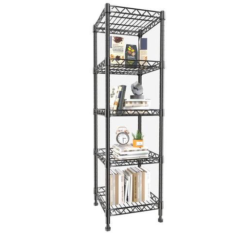 GIOTORENT 5-tier shelving black front view showing compact footprint for small spaces.
