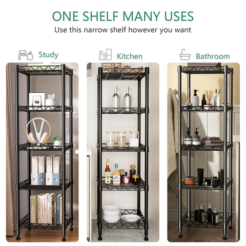 GIOTORENT 5-tier shelving black in kitchen setup keeping counters tidy.