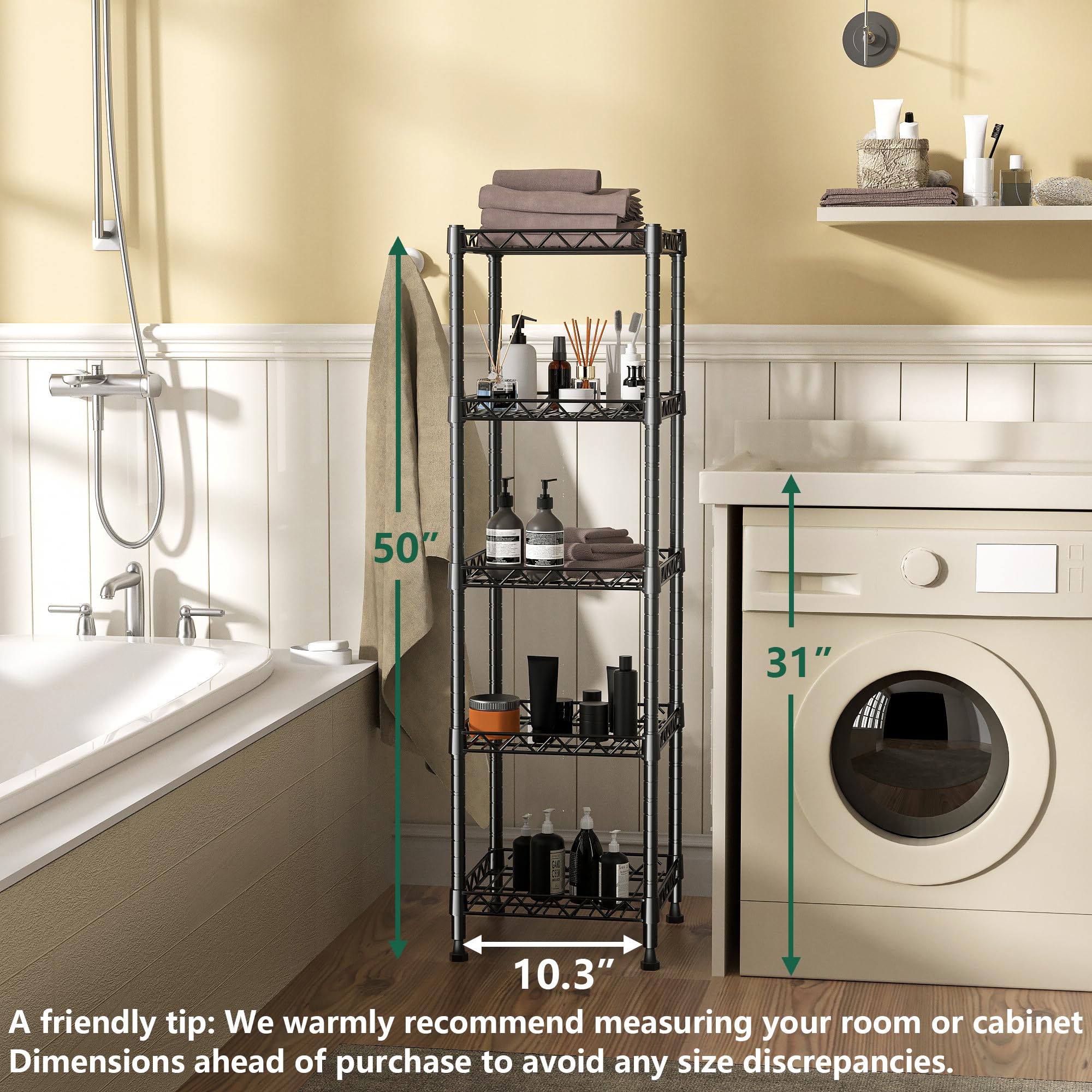 GIOTORENT 5-tier shelving black in laundry area for organized supplies.