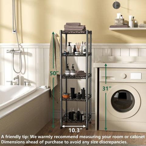 GIOTORENT 5-tier shelving black in laundry area for organized supplies.