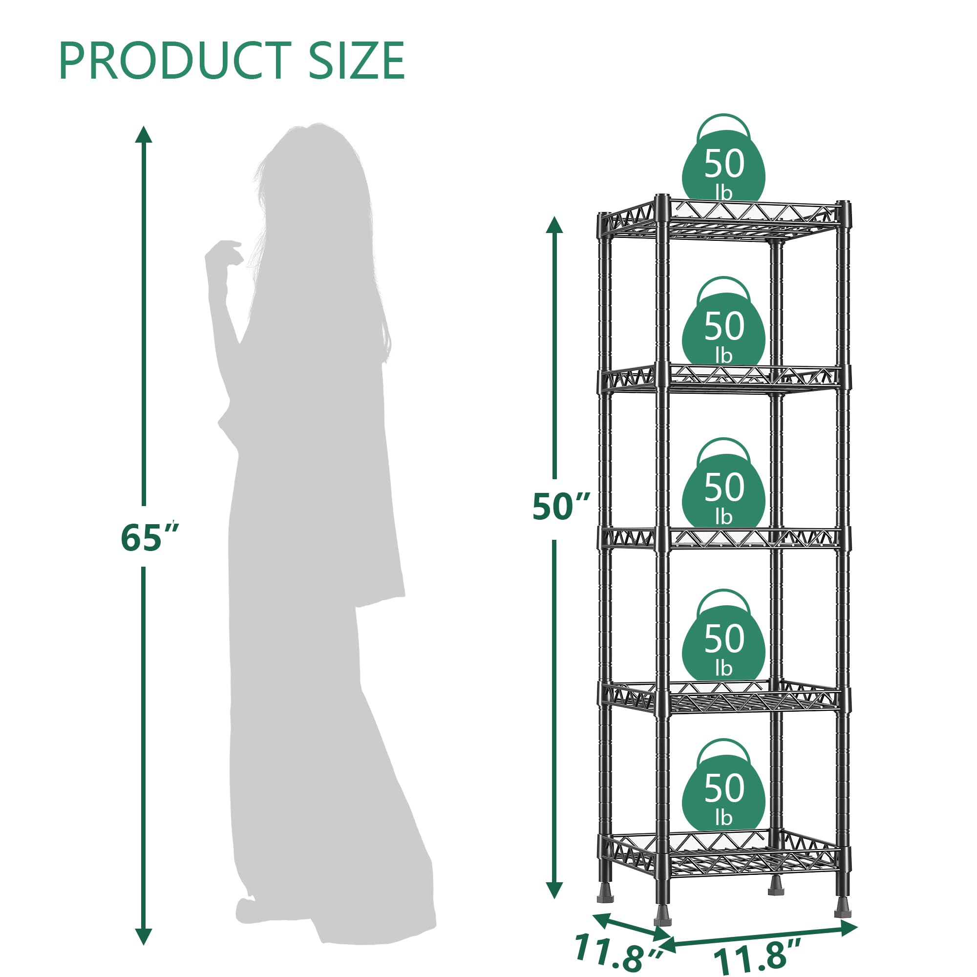 GIOTORENT 5-tier shelving black side view highlighting sturdy steel frame.