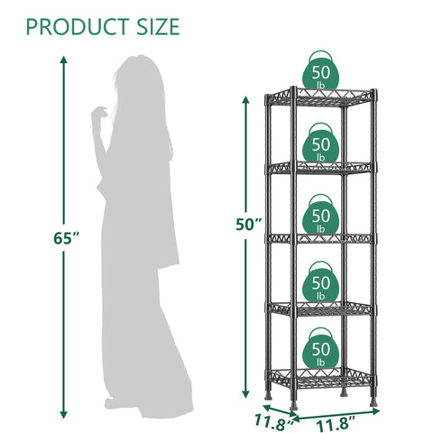 GIOTORENT 5-tier shelving black side view highlighting sturdy steel frame.