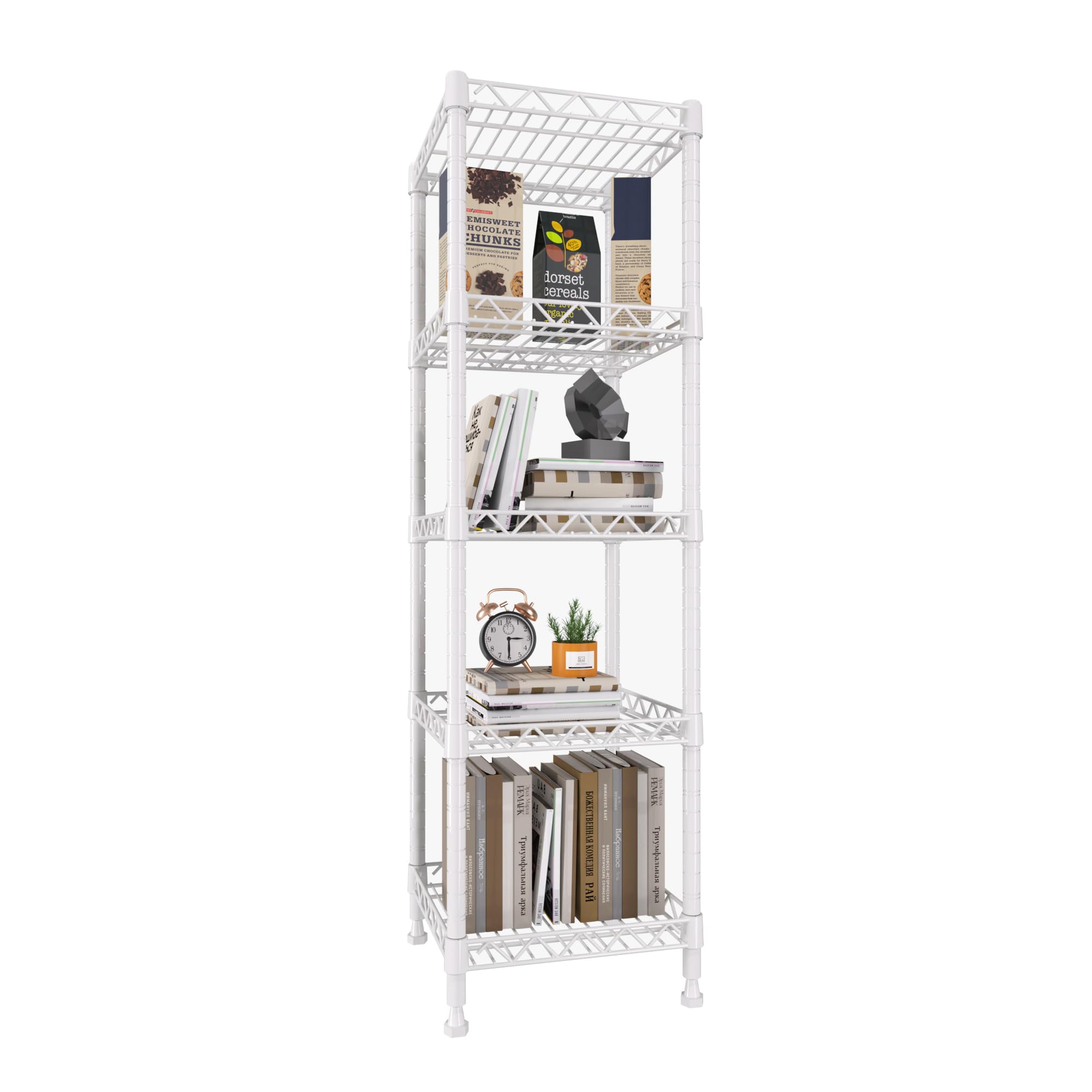 GIOTORENT 5-tier shelving unit in a compact corner for tight spaces.