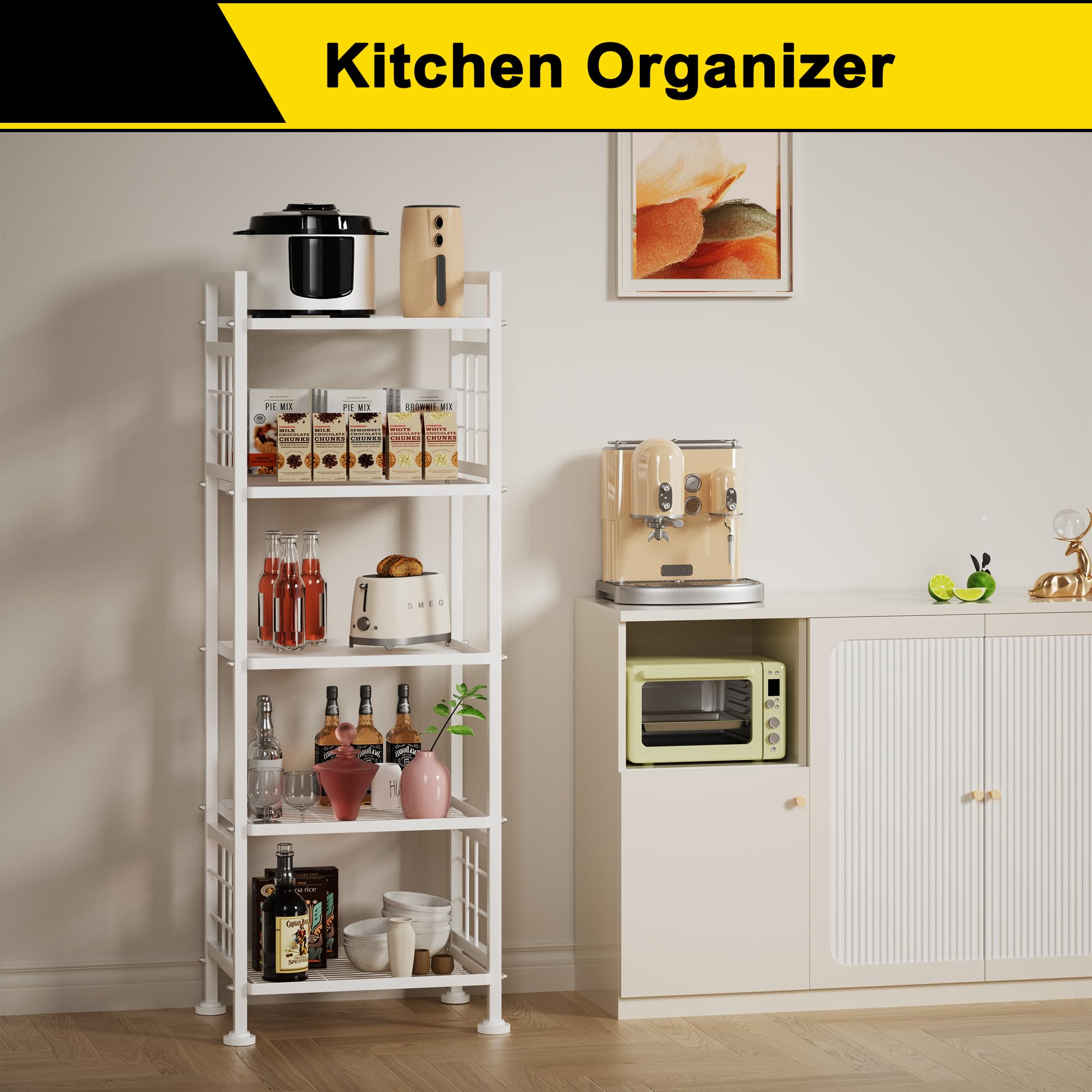 GIOTORENT 5-Wire standing shelves side view highlights slim footprint.