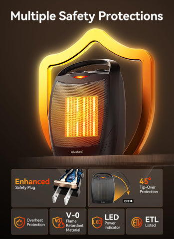 GiveBest safety features image highlights auto shutoff and tip-over protection