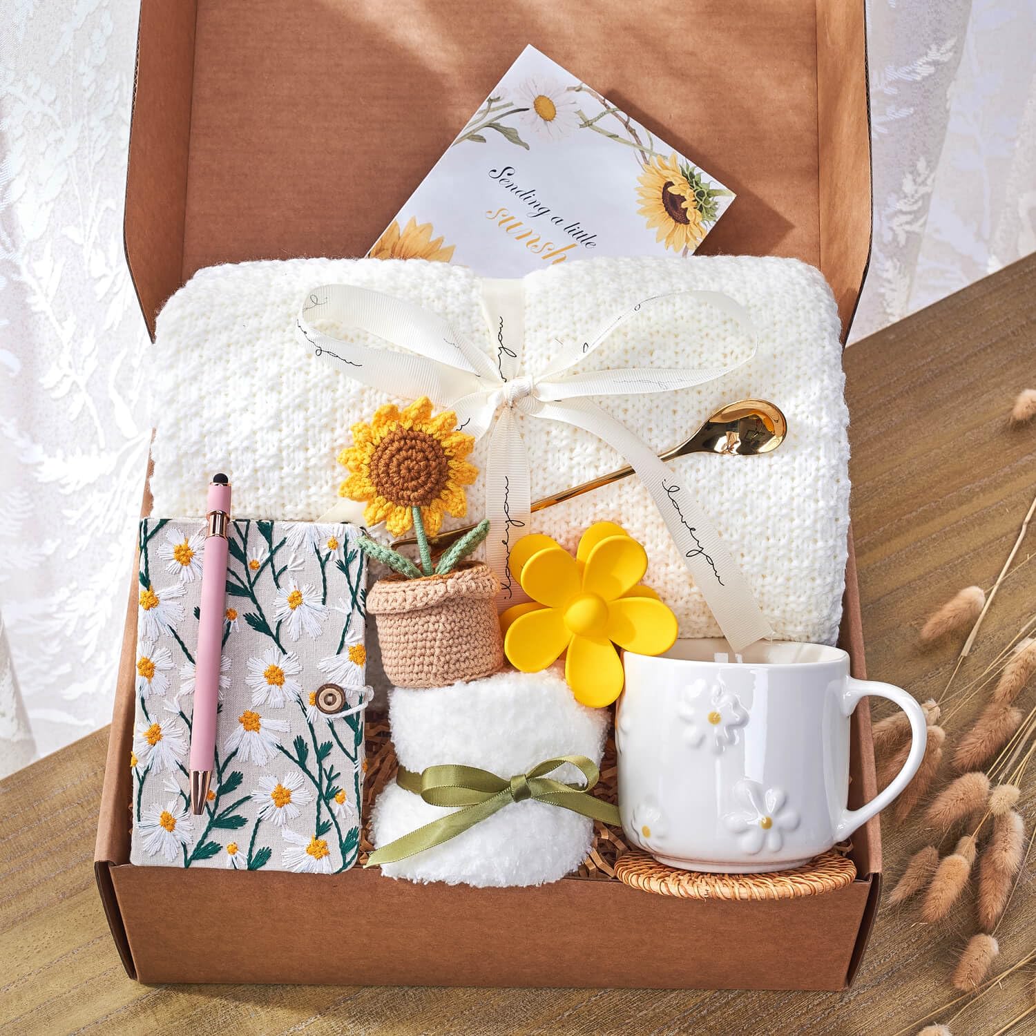 GivLovely Thinking of You box cover with sunflowers, gift-ready presentation that brightens her day.