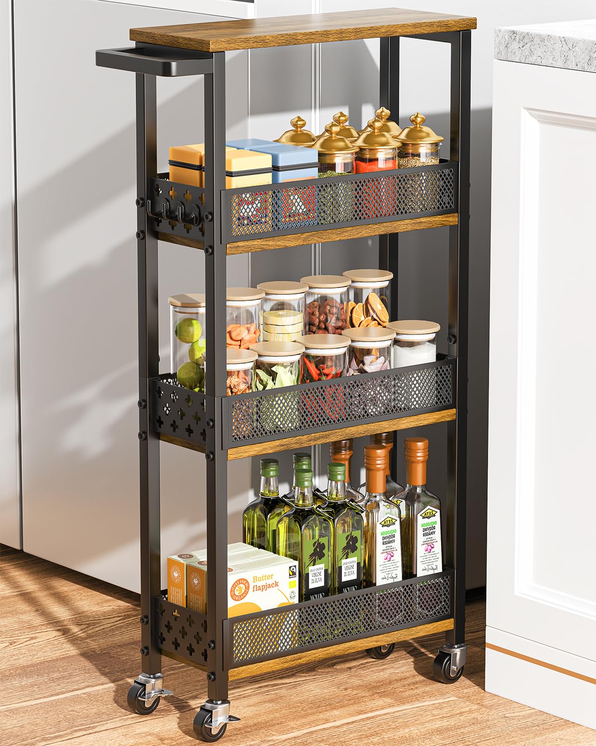 Giwil 4-Tier Slim Rolling Cart with wood rack on wheels for compact kitchen organization