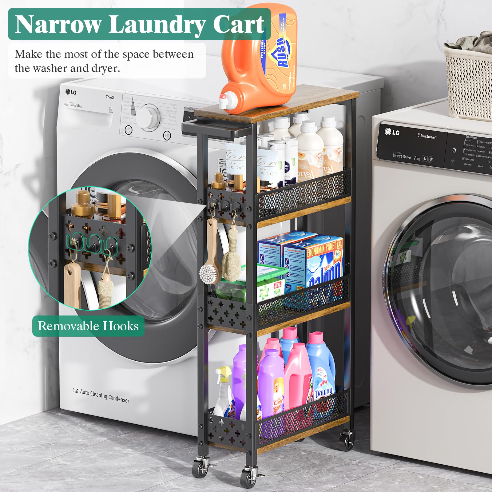 Giwil rolling cart in bathroom holding toiletries and towels with easy maneuverability