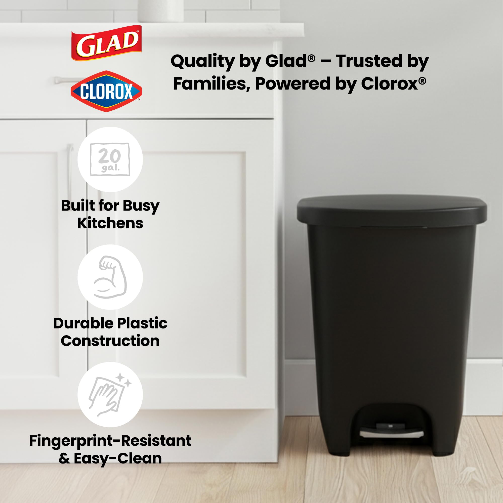 Glad black rectangle trash bin fits modern kitchens and spaces.