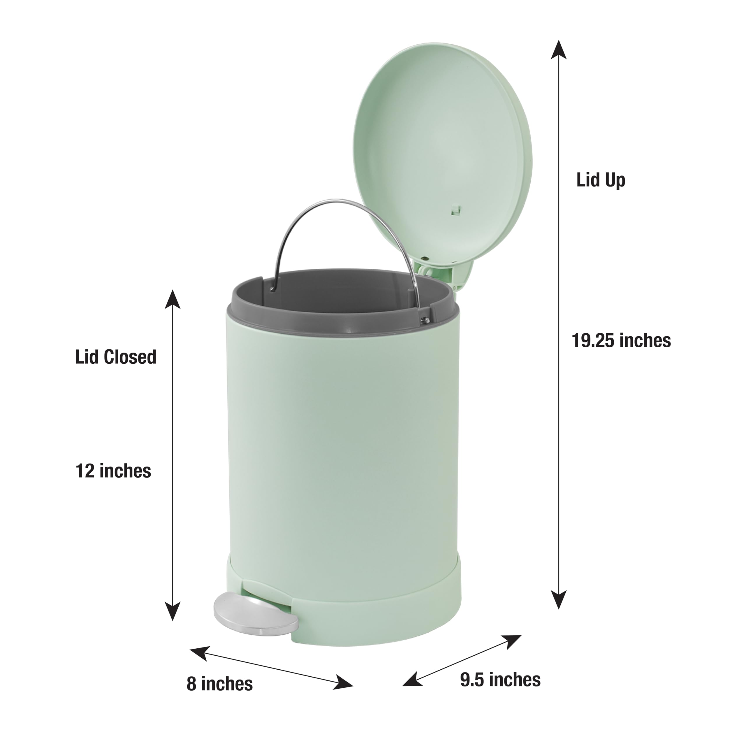 Glad green trash can with soft close lid reduces noise during disposal.