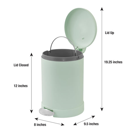 Glad green trash can with soft close lid reduces noise during disposal.