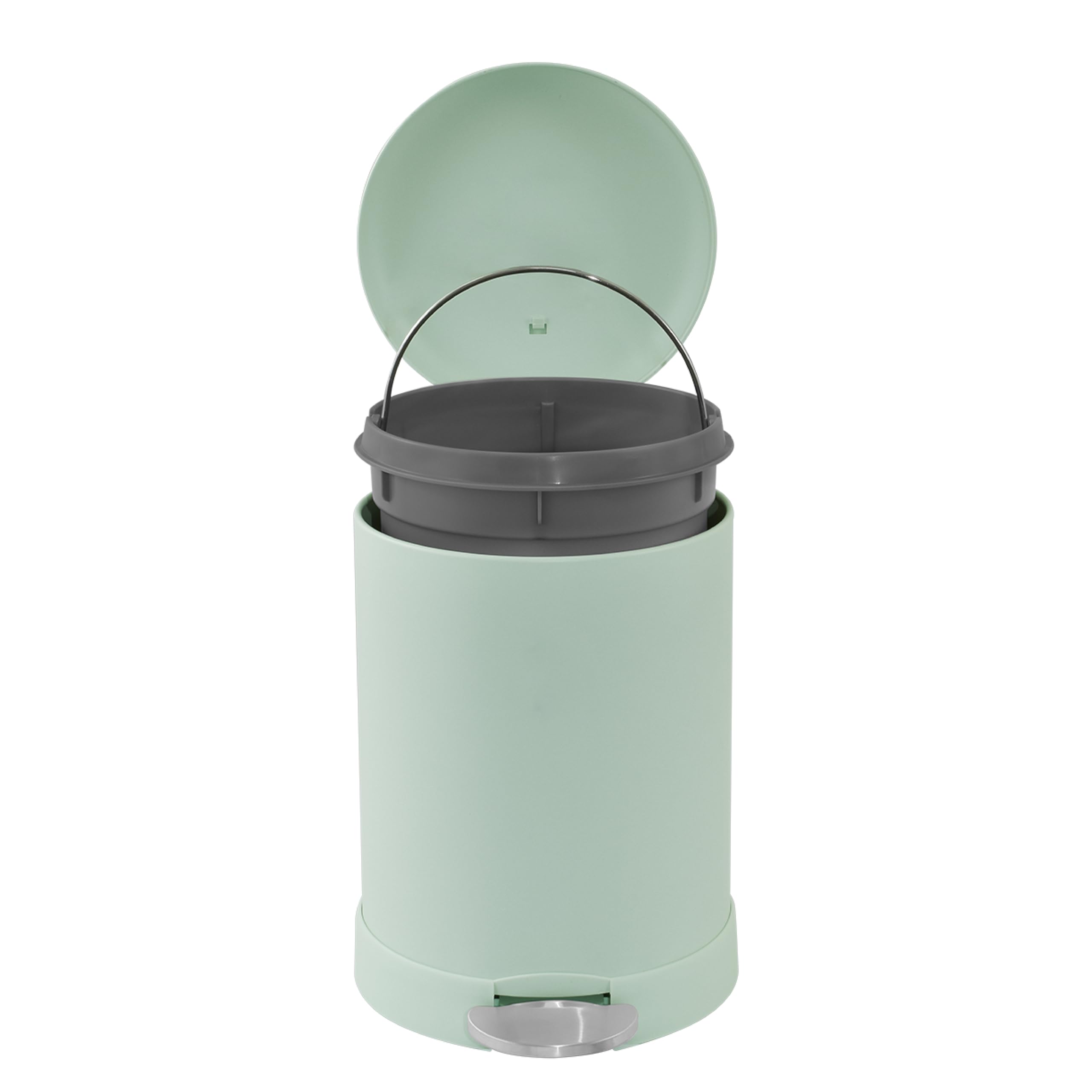 Glad green trash can features a step foot pedal for hands-free use.