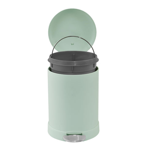 Glad green trash can features a step foot pedal for hands-free use.
