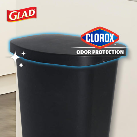 Glad kitchen trash can with foot pedal enables hands-free waste disposal.