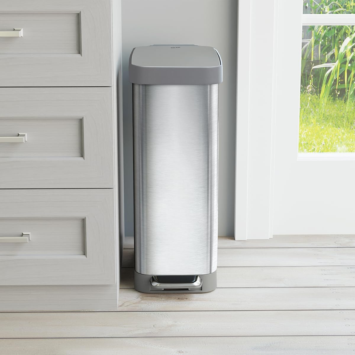 Glad Slim Trash Can foot pedal enables hands-free opening.