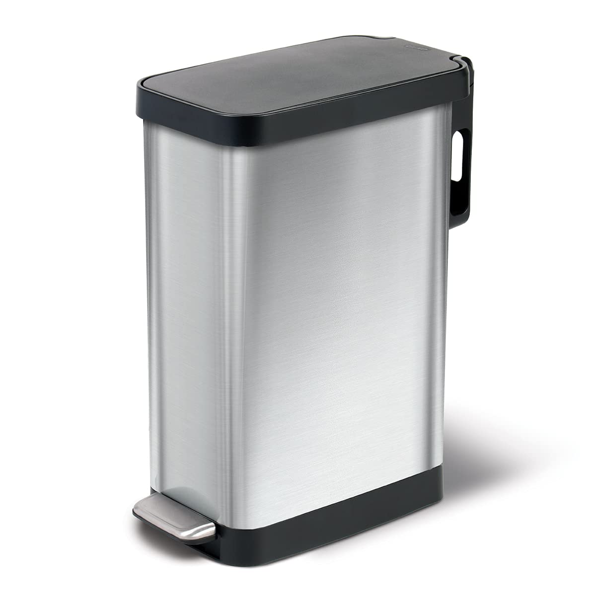 Glad slim trash can with Clorox Odor Protection, stainless steel, ideal for tight spaces.