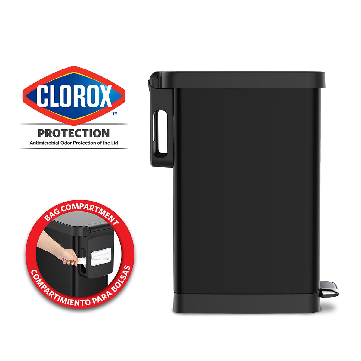 Glad Slim Trash Can Soft Close Lid provides quiet operation.