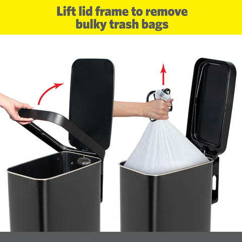 Glad Slim Trash Can Step-On Pedal enables hands-free disposal.