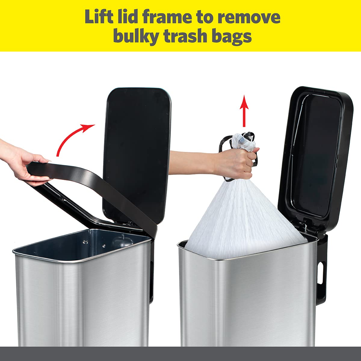 Glad slim trash can with step-on pedal, hands-free use for clean kitchens.