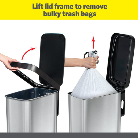 Glad slim trash can with step-on pedal, hands-free use for clean kitchens.