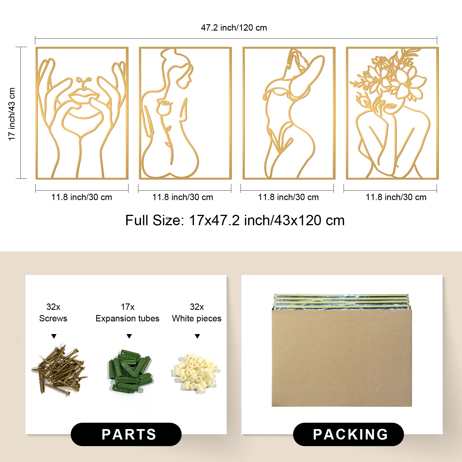 Glamativity gold wall art 4-pack abstract woman body adds 3D feel with shadow