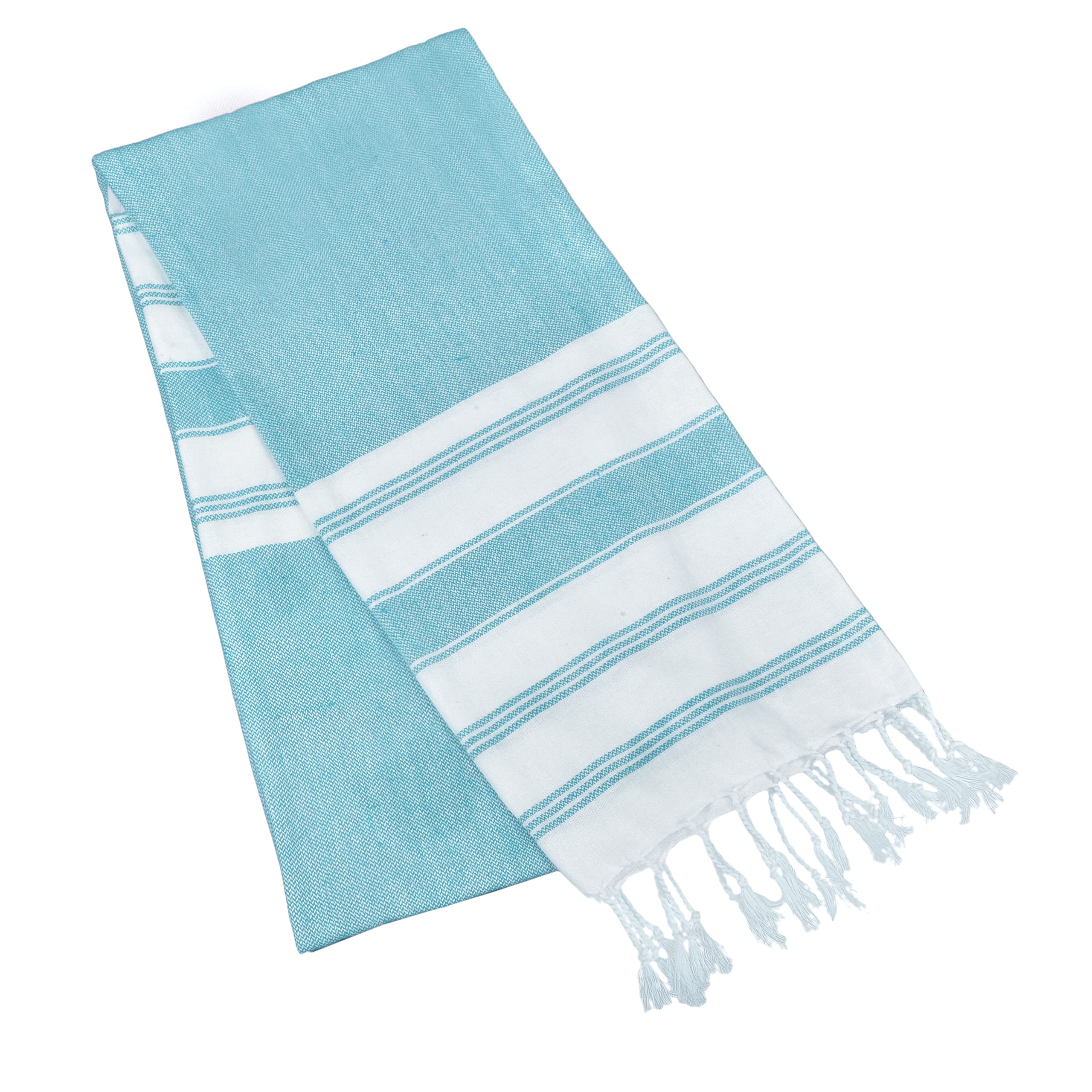 GLAMBURG peshtemal aqua blue nautical stripes as a cozy wrap.