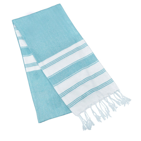 GLAMBURG peshtemal aqua blue nautical stripes as a cozy wrap.