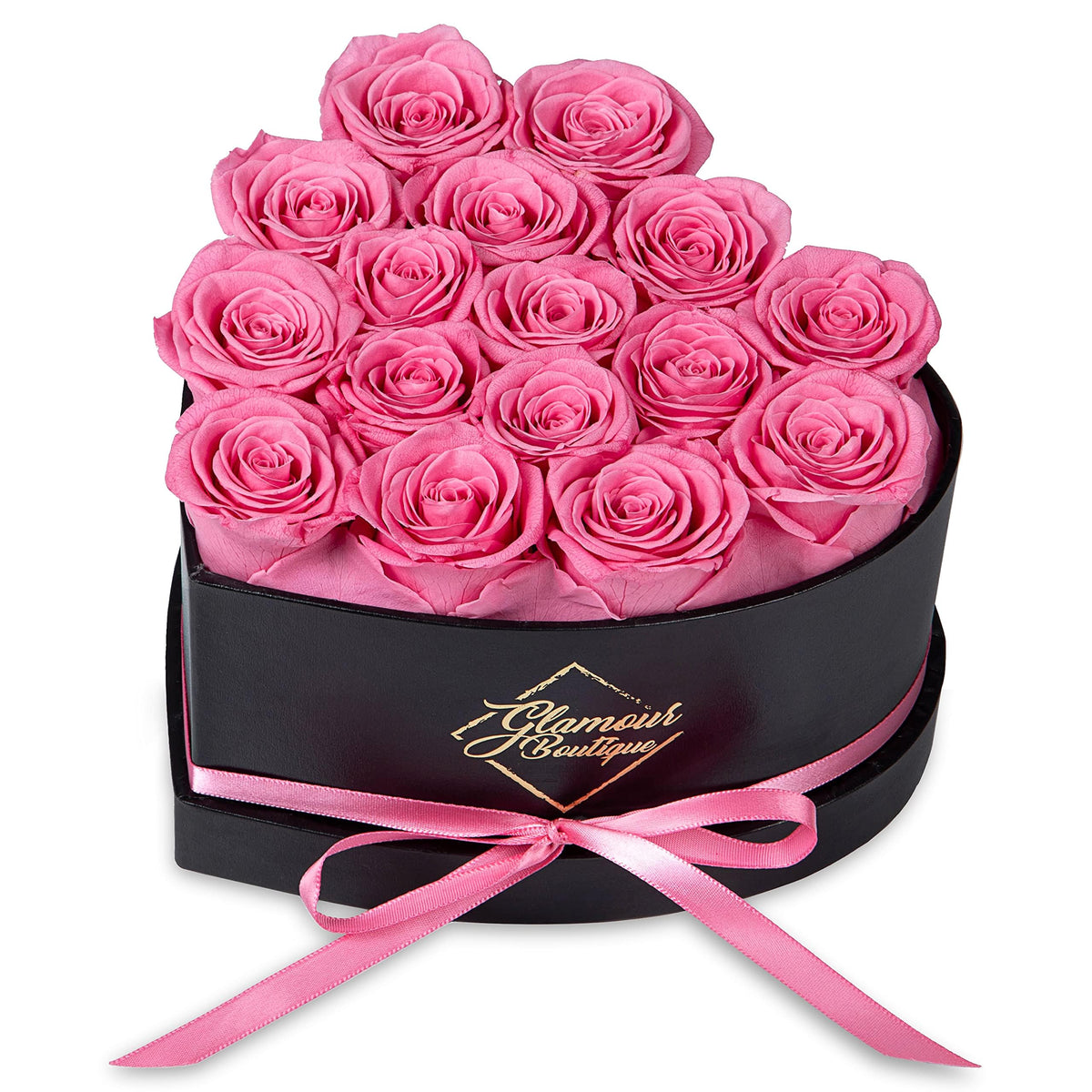 GLAMOUR BOUTIQUE 16-rose forever heart box in pink, timeless preserved beauty for home decor.
