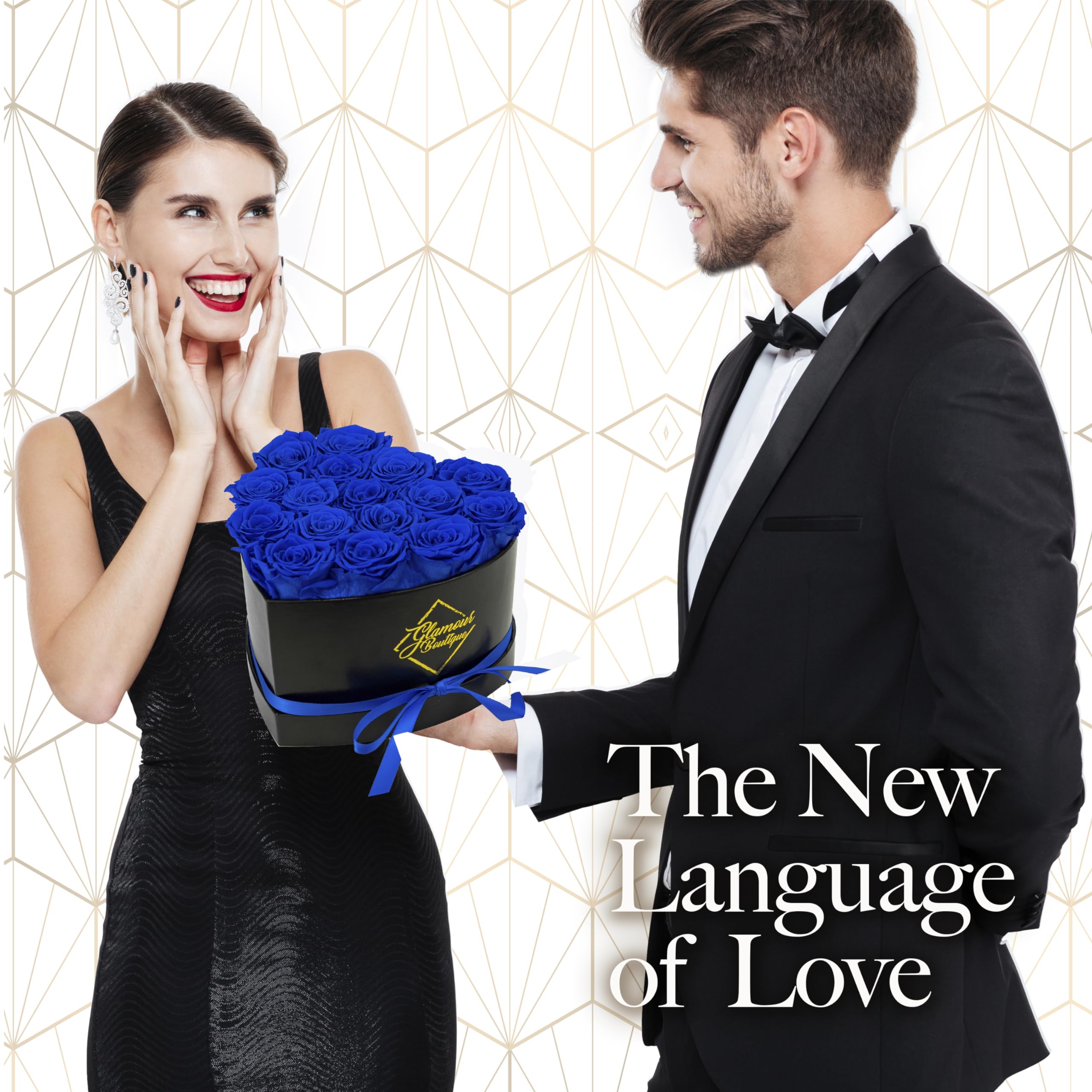 GLAMOUR BOUTIQUE blue heart box display with preserved roses for years of elegance.