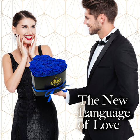 GLAMOUR BOUTIQUE blue heart box display with preserved roses for years of elegance.