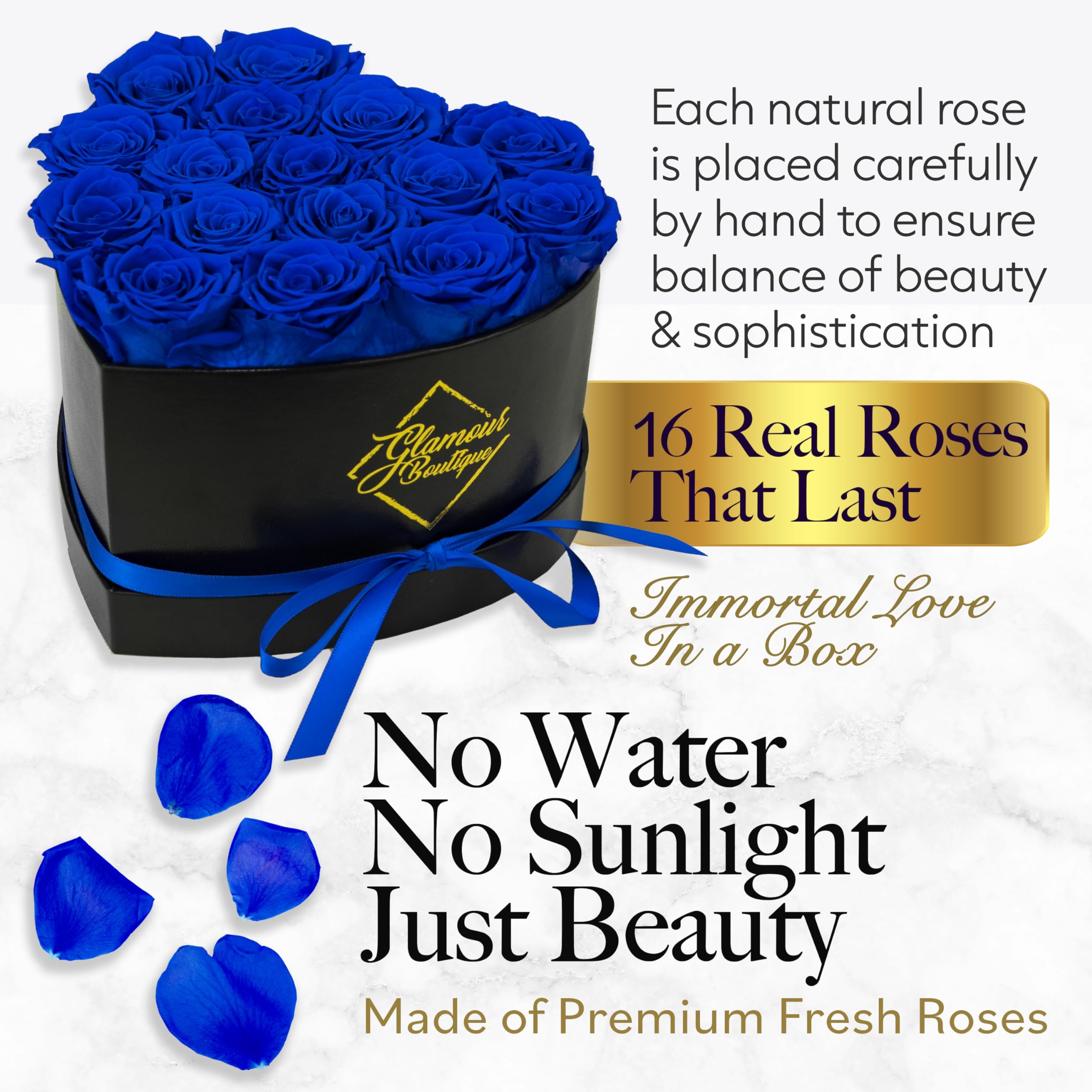 GLAMOUR BOUTIQUE blue preserved roses 16-roses in heart box for a thoughtful gift.