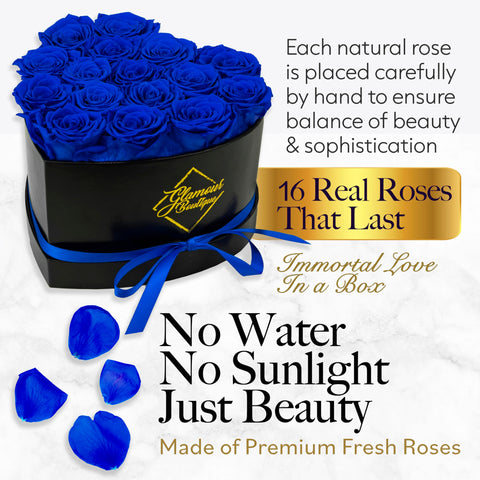 GLAMOUR BOUTIQUE blue preserved roses 16-roses in heart box for a thoughtful gift.