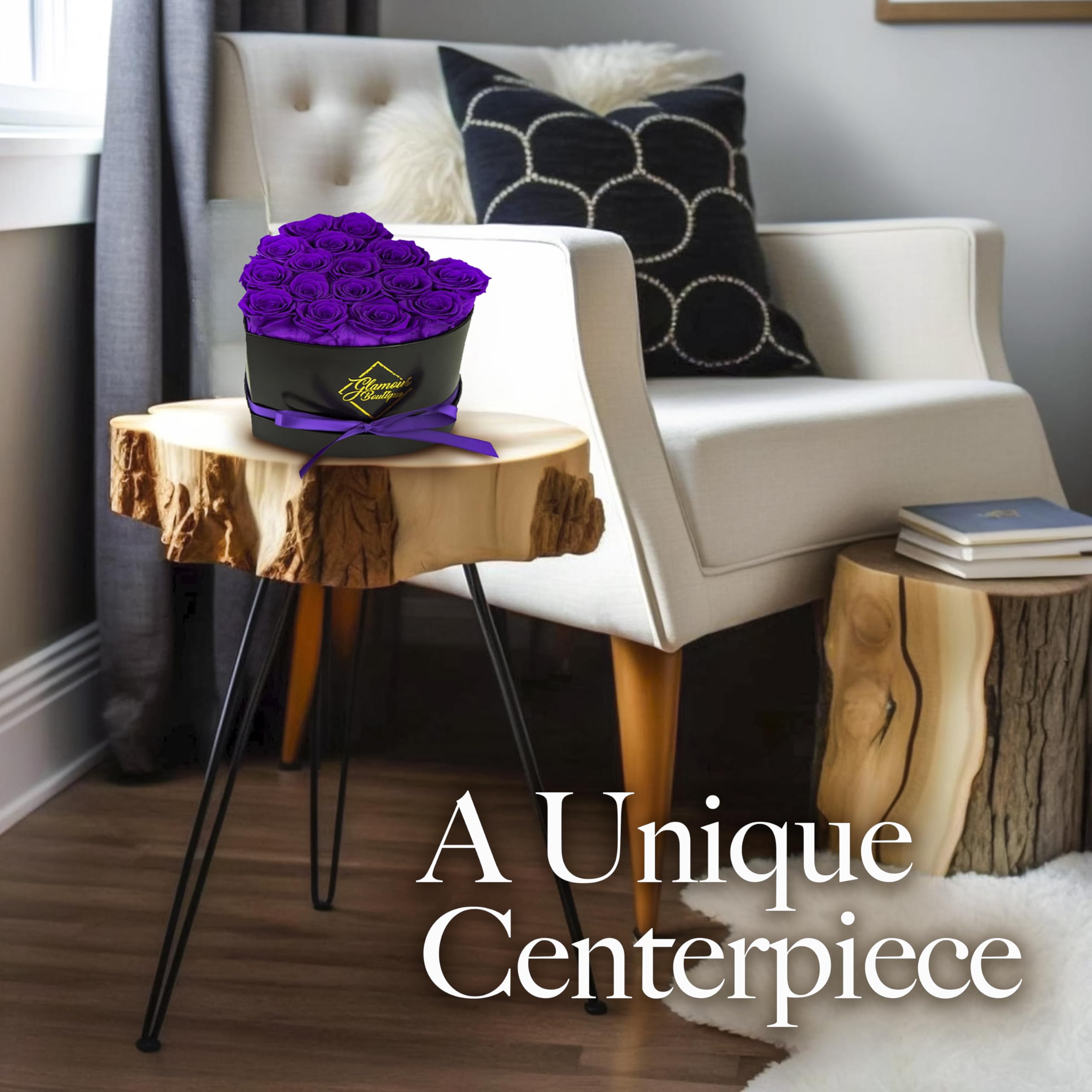 Glamour Boutique close-up of purple preserved roses in heart box