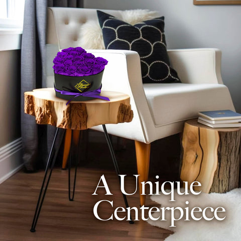 Glamour Boutique close-up of purple preserved roses in heart box
