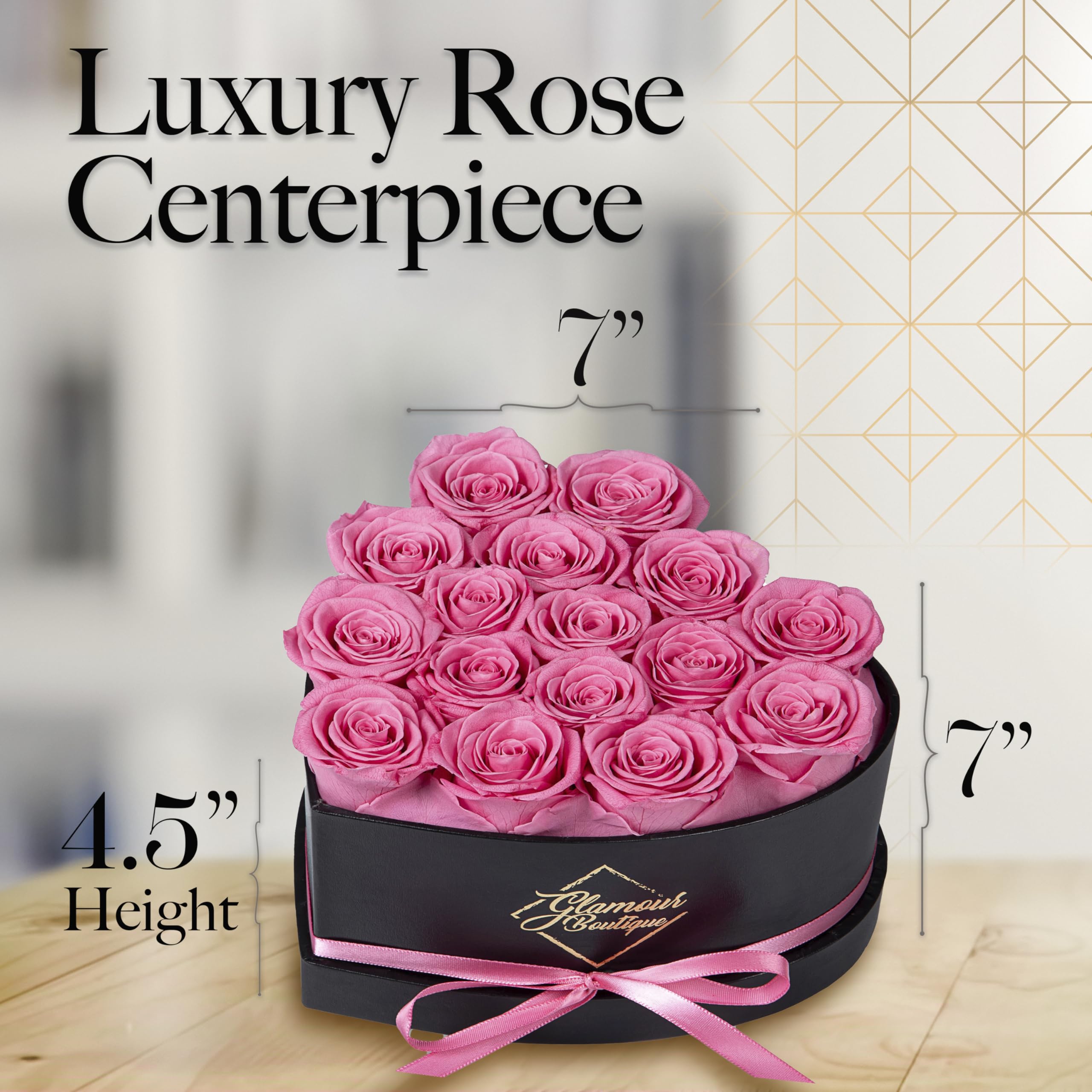 GLAMOUR BOUTIQUE preserved roses box, pink arrangement for Mother's Day.