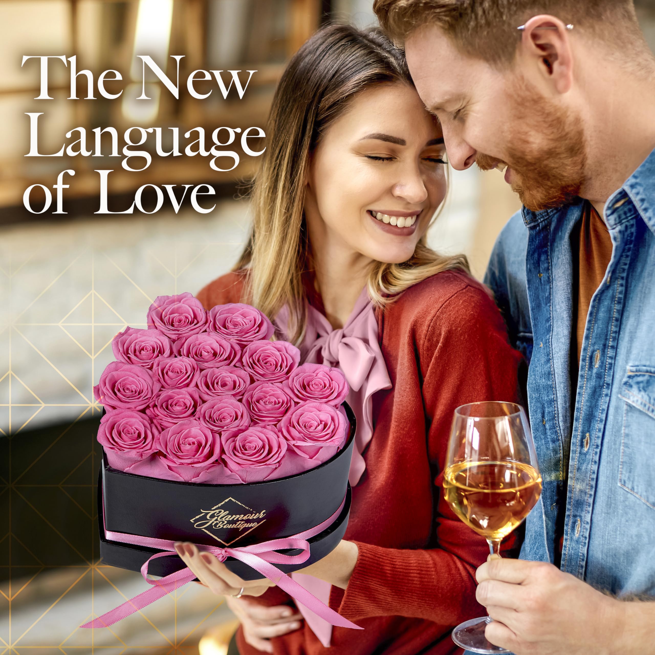 GLAMOUR BOUTIQUE pink roses in a heart box, no watering needed.